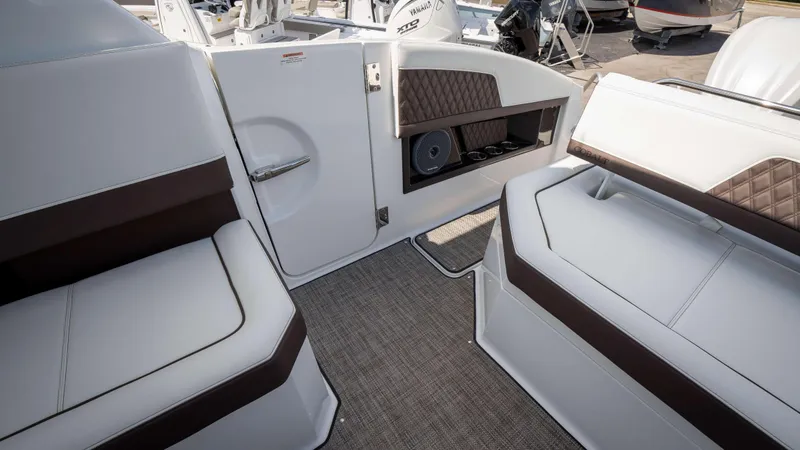 Slide: The Image of Interior of 2025 Cobalt R33 boat, featuring luxurious seating and modern design elements. - 19