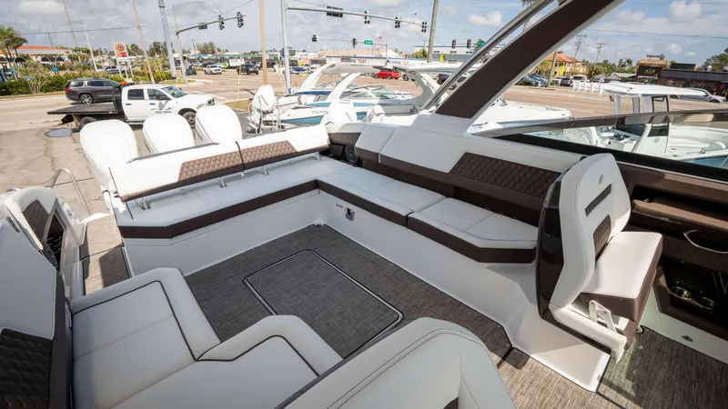 Slide: The Image of Luxurious interior of 2025 Cobalt R33 boat with plush seating and modern design. - 22