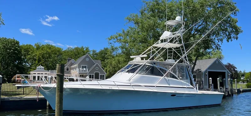 The Image of 1998 Ocean Yachts 48 Express docked near waterfront homes, clear blue sky. - 0