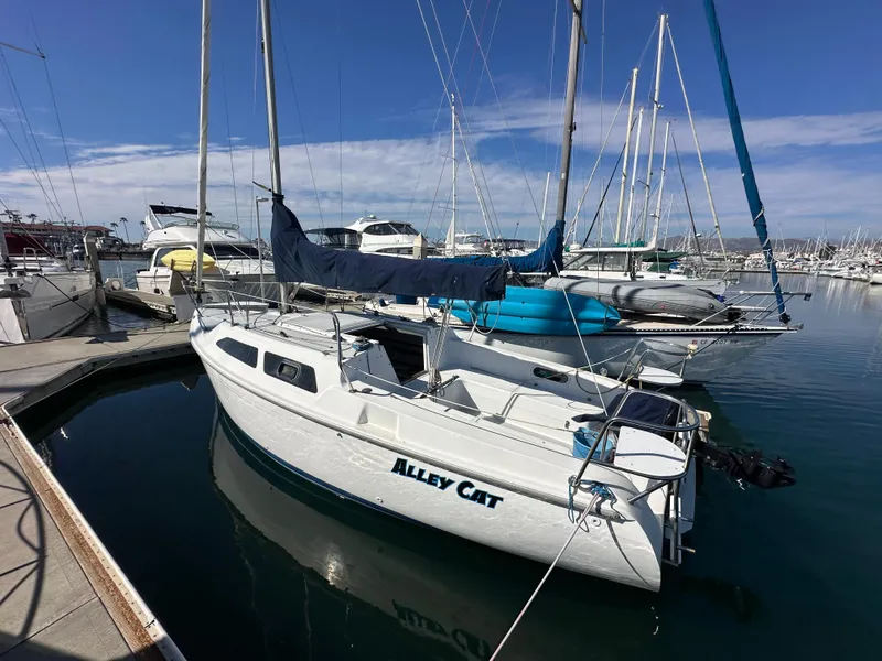 Slide: The Image of 2005 Catalina 250 MkII sailboat docked in marina, named "Alley Cat." - 5