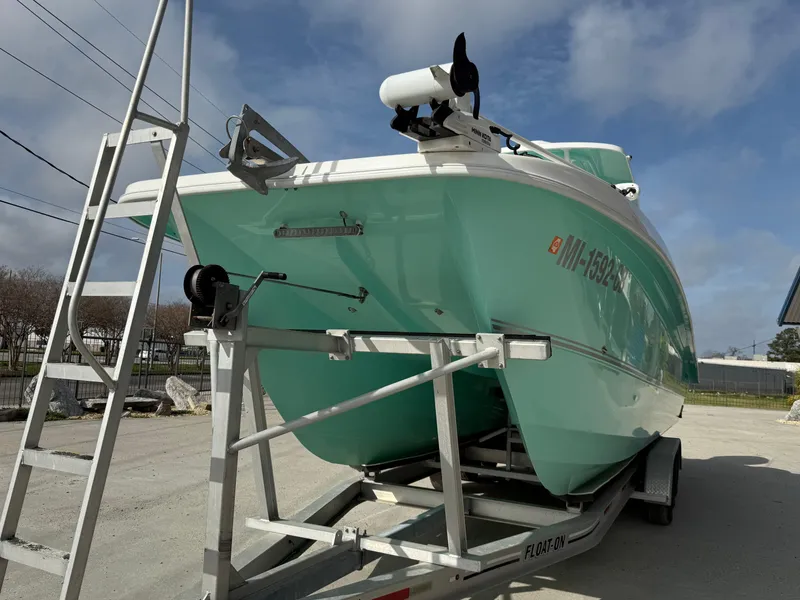 Slide: The Image of 2021 Twin Vee 310 GF boat on trailer, parked outdoors under cloudy sky. - 12