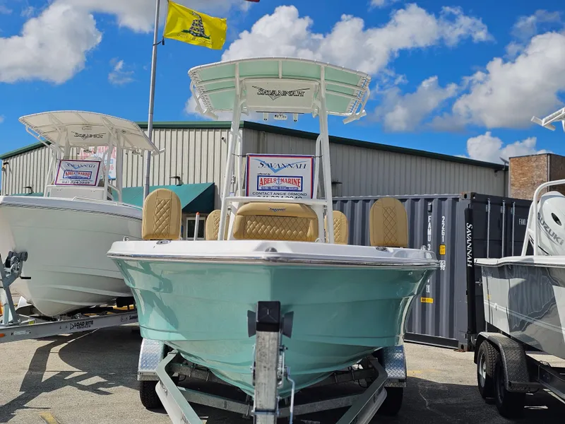 Slide: The Image of 2025 Savannah 210X boat on trailer, displayed outdoors under blue sky. - 12