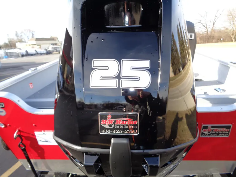 Slide: The Image of 2025 Lund 1600 Fury Heritage boat with a 25 HP engine, rear view. - 6