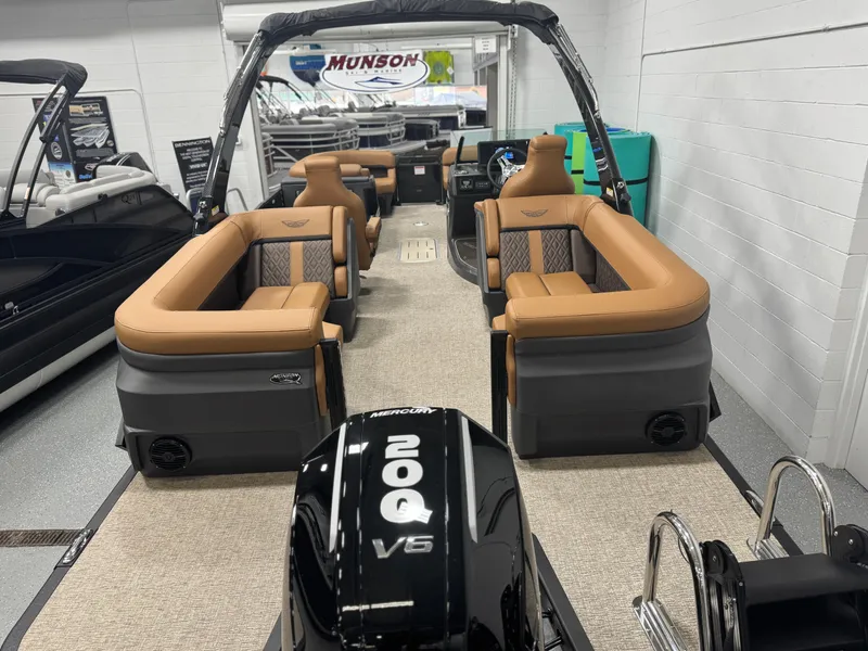 Slide: The Image of 2025 Bennington 24 MFB pontoon boat with powerful 400 V8 engine, luxurious seating. - 25