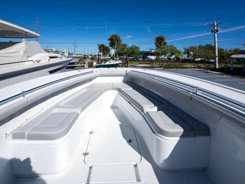 Slide: The Image of 2023 Yellowfin 36 Center Console boat with spacious seating and sleek design. - 16