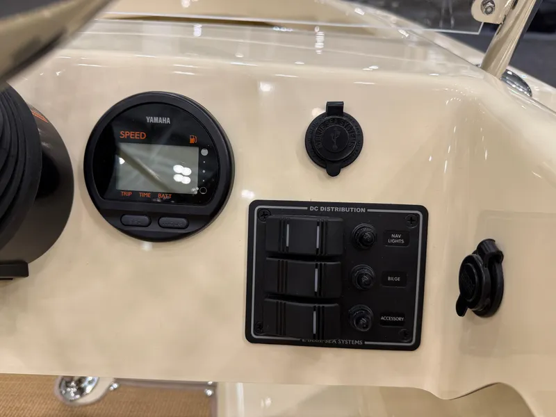 Slide: The Image of Control panel of 2025 Rossiter 14 boat with Yamaha speedometer and DC distribution switches. - 17
