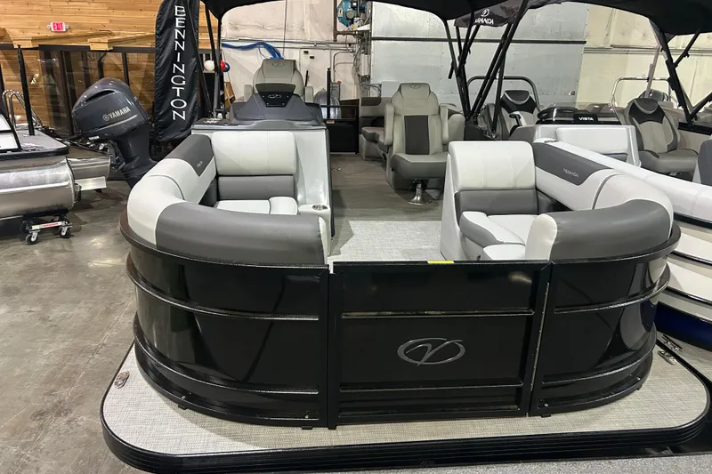 The Image of 2025 Veranda Relax VR22RC pontoon boat with stylish seating in showroom. - 1