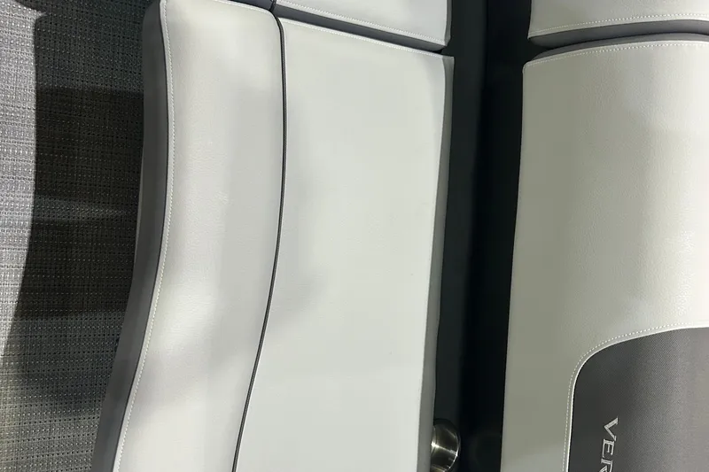 Slide: The Image of 2025 Veranda Relax VR22RC boat seat, white leather upholstery, close-up view. - 7