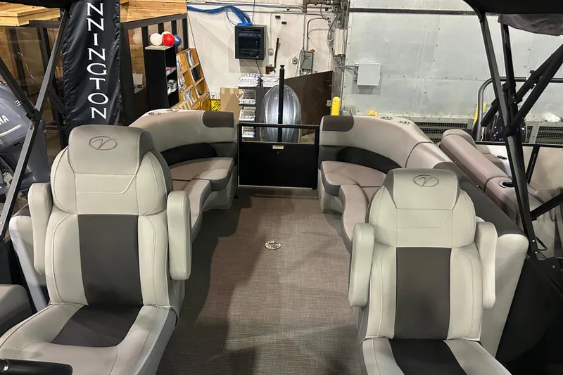 Slide: The Image of Interior of 2025 Veranda Relax VR22RC pontoon boat with luxurious seating. - 8