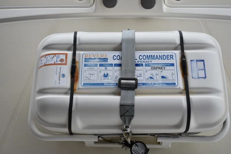 Slide: The Image of Liferaft on 2011 Sabre 42 Salon Express, 6 man life raft secured with straps, - 15