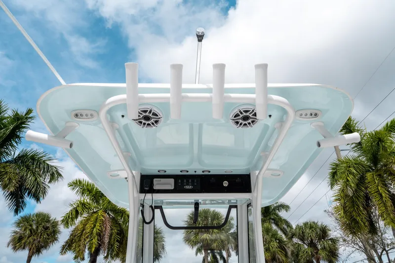 Slide: The Image of 2025 Sea Hunt Ultra 275 SE boat top view with rod holders and speakers. - 20