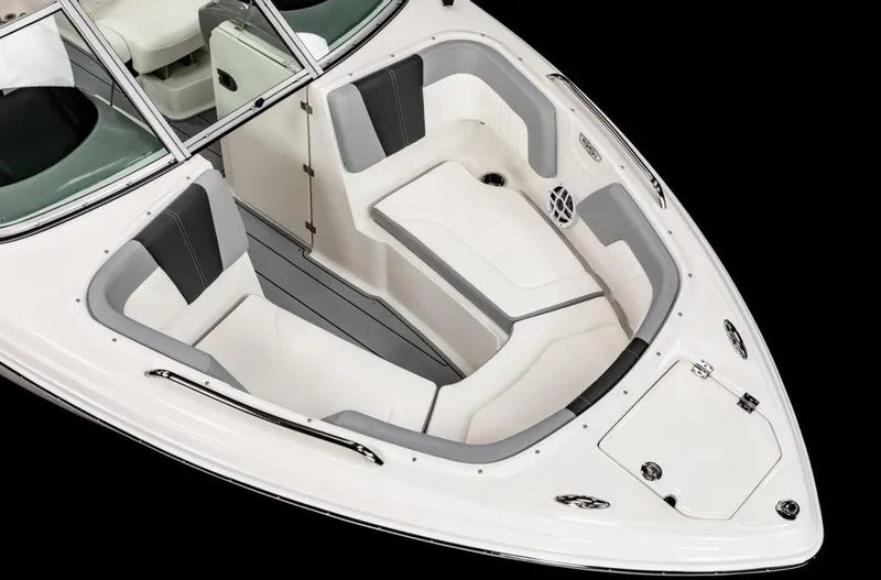 Slide: The Image of 2025 Chaparral 23 SSi OB boat interior with white and gray seating. - 10