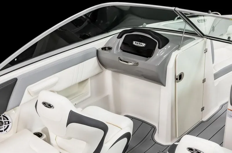 Slide: The Image of 2025 Chaparral 23 SSi OB boat interior with sleek white and gray seating. - 5