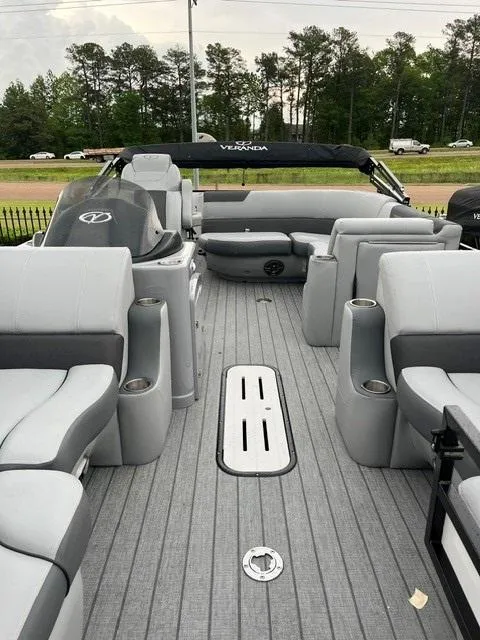 Slide: The Image of 2025 Veranda VF22F2 Deluxe pontoon boat with spacious seating and modern design. - 6
