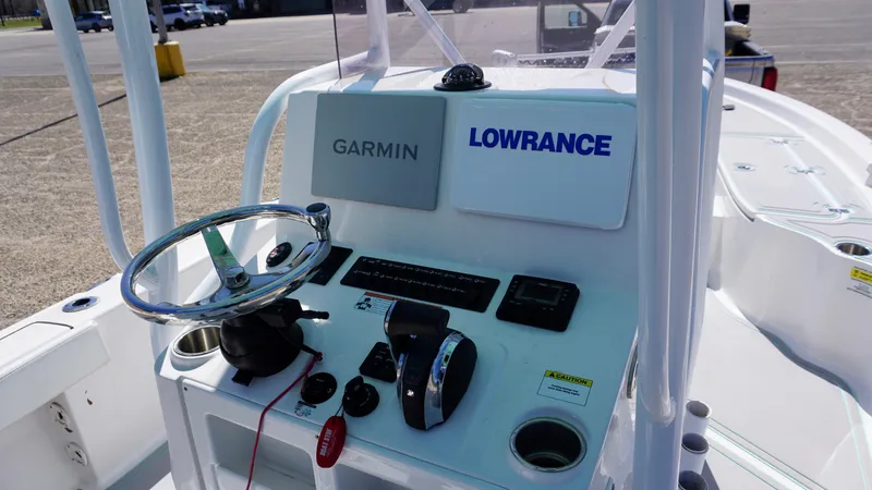 Slide: The Image of 2022 Blue Wave 2600 PureBay boat console with Garmin and Lowrance electronics. - 16