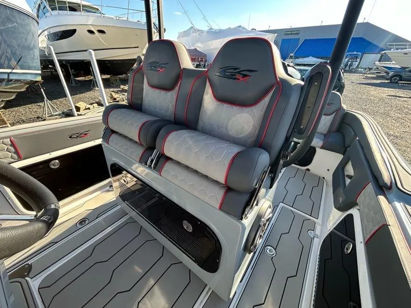 Slide: The Image of 2024 Glasstream 32 GSX boat interior with stylish seating and modern design. - 33