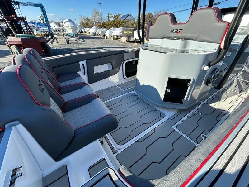 Slide: The Image of 2024 Glasstream 32 GSX boat interior with modern seating and sleek design. - 13