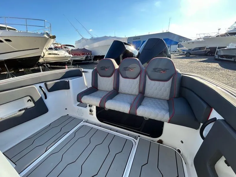 Slide: The Image of 2024 Glasstream 32 GSX boat interior with stylish seating and modern design. - 14