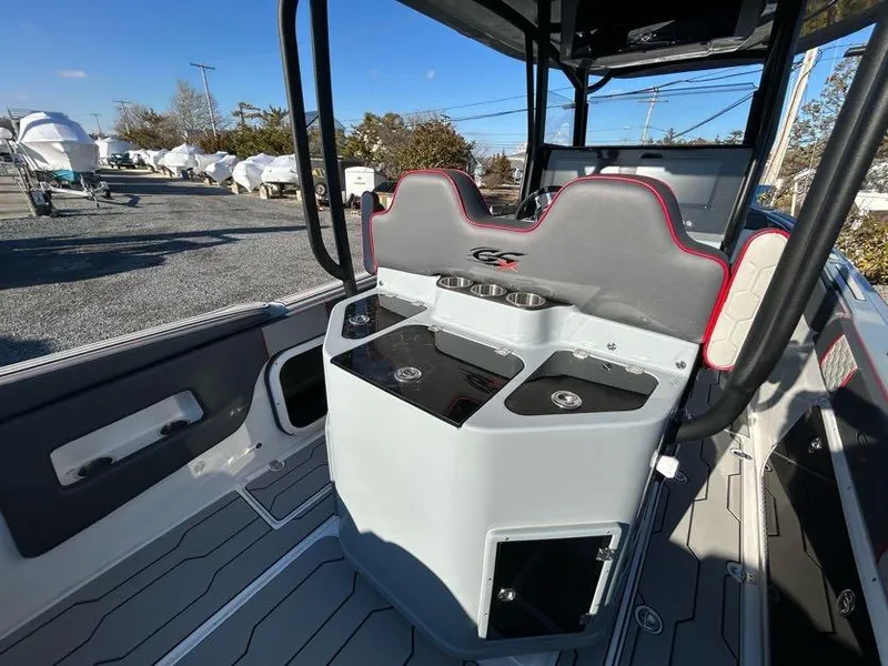 Slide: The Image of 2024 Glasstream 32 GSX boat interior with modern console and seating. - 15