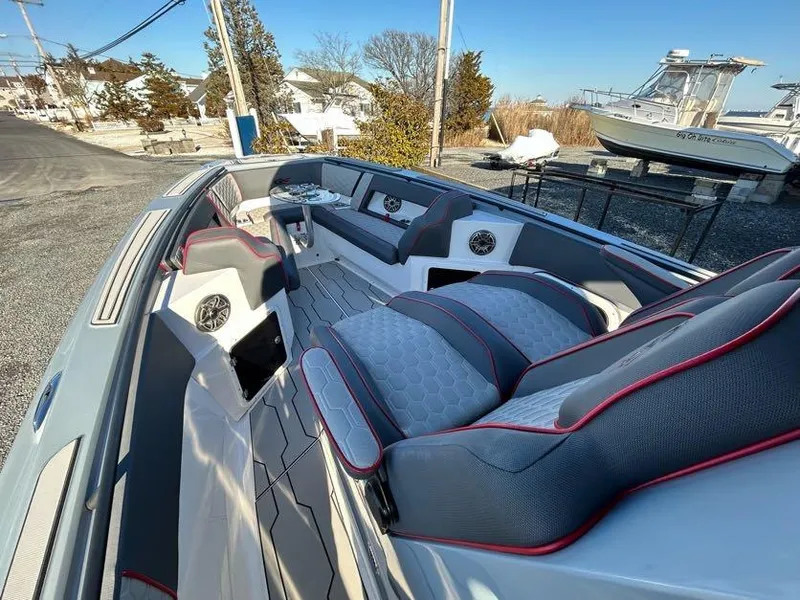 Slide: The Image of 2024 Glasstream 32 GSX boat interior with modern seating and sleek design. - 25
