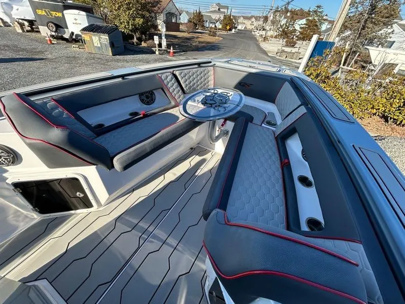 Slide: The Image of 2024 Glasstream 32 GSX boat interior with stylish seating and modern design. - 26