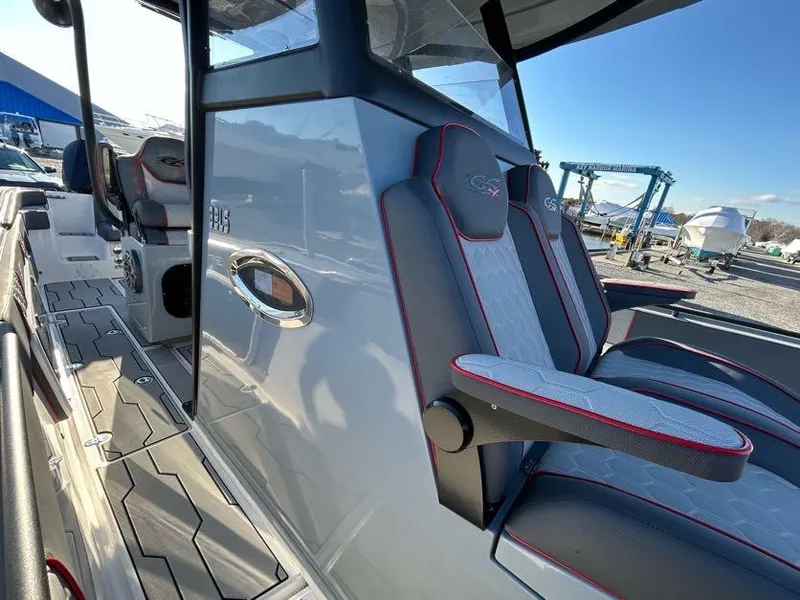 Slide: The Image of 2024 Glasstream 32 GSX boat interior with sleek seating and modern design. - 32