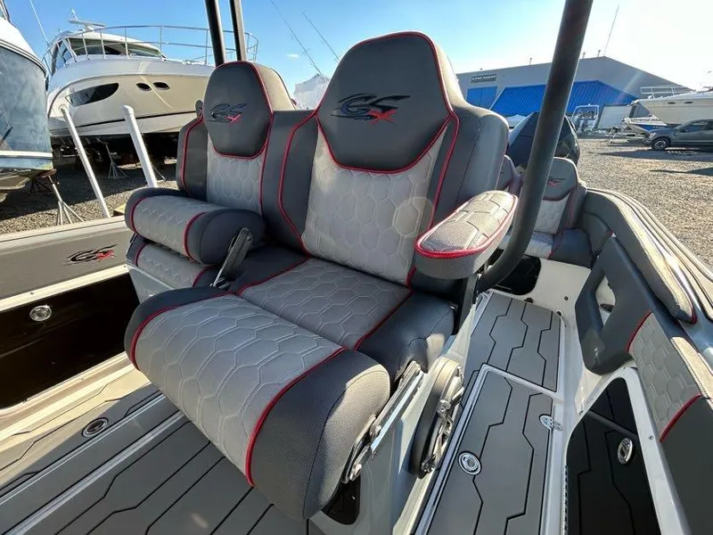 Slide: The Image of 2024 Glasstream 32 GSX boat interior with stylish seating and modern design. - 34