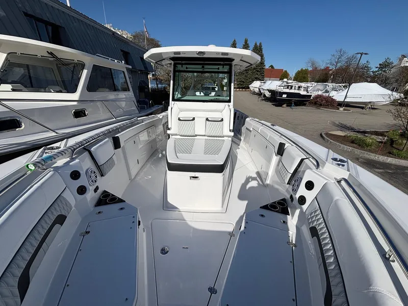 Slide: The Image of 2025 Blackfin 332 CC boat with spacious deck and modern design. - 6
