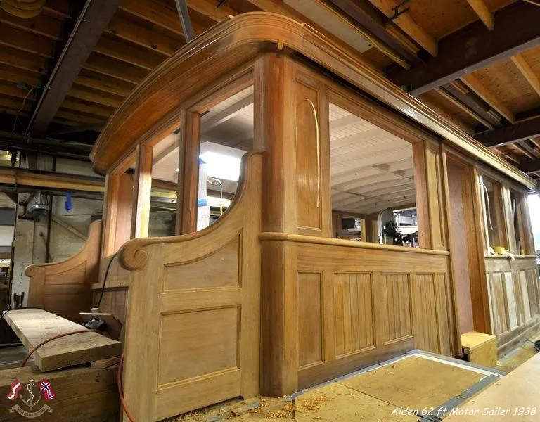 Slide: The Image of Wooden cabin of 1938 Alden motor sailer, custom design by Rockport Marine. - 12