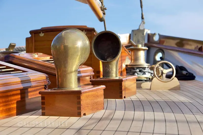 Slide: The Image of Vintage yacht deck with polished brass and wood details, Alden Custom Design, 1938. - 38