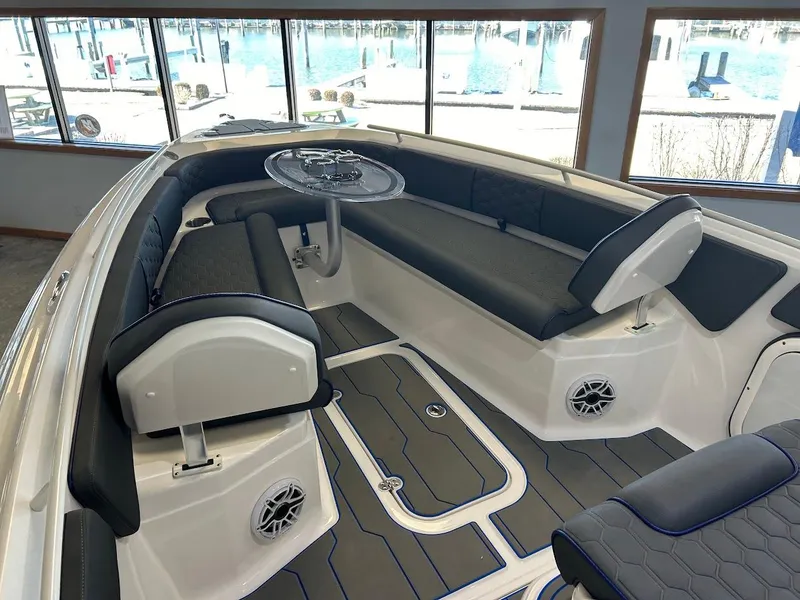 Slide: The Image of 2024 Glasstream 28 GSX Pro boat interior with sleek seating and modern design. - 19