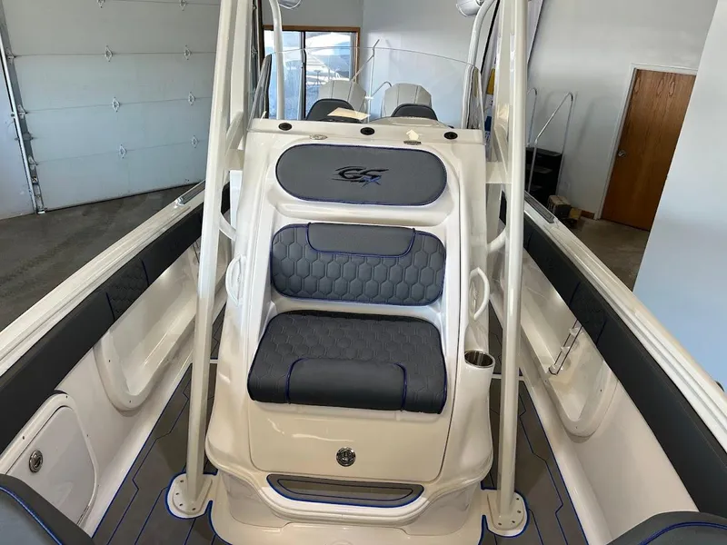 Slide: The Image of 2024 Glasstream 28 GSX Pro boat interior with cushioned seating and modern design. - 22