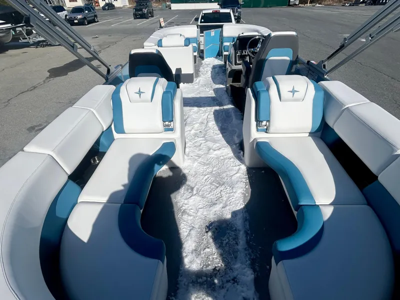 Slide: The Image of 2025 Berkshire 23RFX STS 3.0 pontoon boat with spacious seating and modern design. - 6