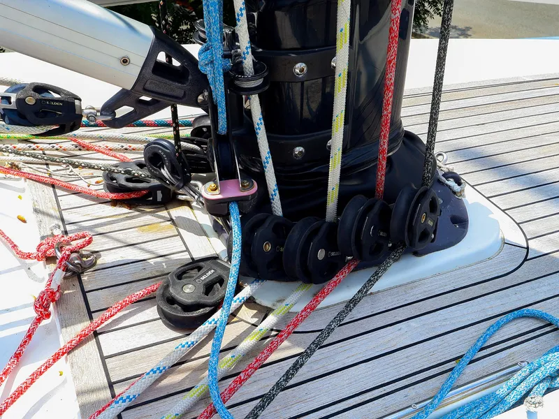 Slide: The Image of Deck of 2017 Dehler 42c sailboat with colorful ropes and pulleys. - 39