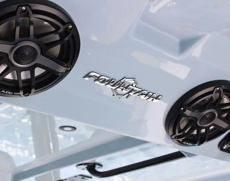Slide: The Image of 2025 Fountain 32 NX boat speakers and logo detail. - 26
