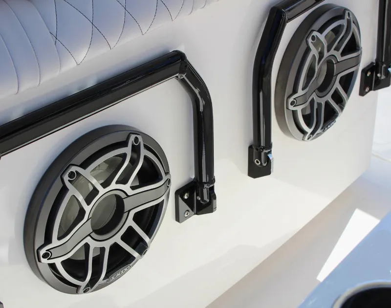 Slide: The Image of 2025 Fountain 38 CC boat speakers with sleek black and silver design. - 14