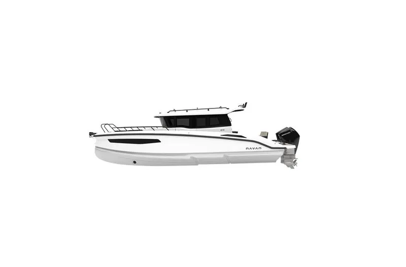 Slide: The Image of Navan C30 2025 boat, sleek white design, side view, modern cabin cruiser. - 10