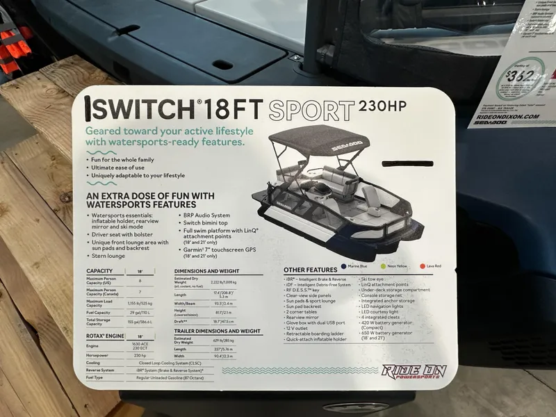 Slide: The Image of Sea-Doo Switch Sport 18, 2025 model, features and specifications display. - 12