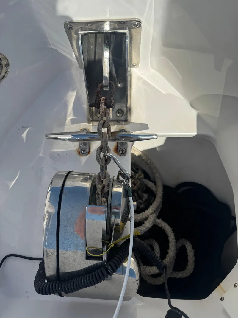 Slide: The Image of Anchor winch system on 2019 Everglades 340 Dual Console boat. - 29
