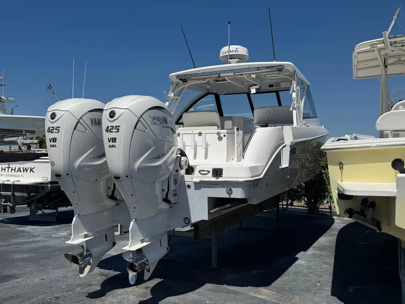 Slide: The Image of 2019 Everglades 340 Dual Console boat with twin Yamaha 425 V8 engines. - 3
