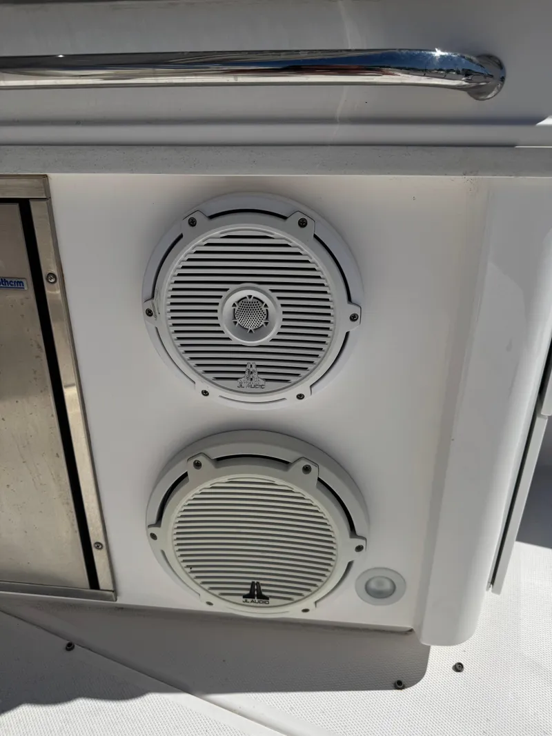 Slide: The Image of Speakers on 2019 Everglades 340 Dual Console boat interior. - 42