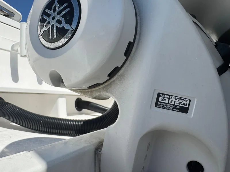 Slide: The Image of Close-up of Yamaha engine part on 2019 Everglades 340 Dual Console boat. - 7