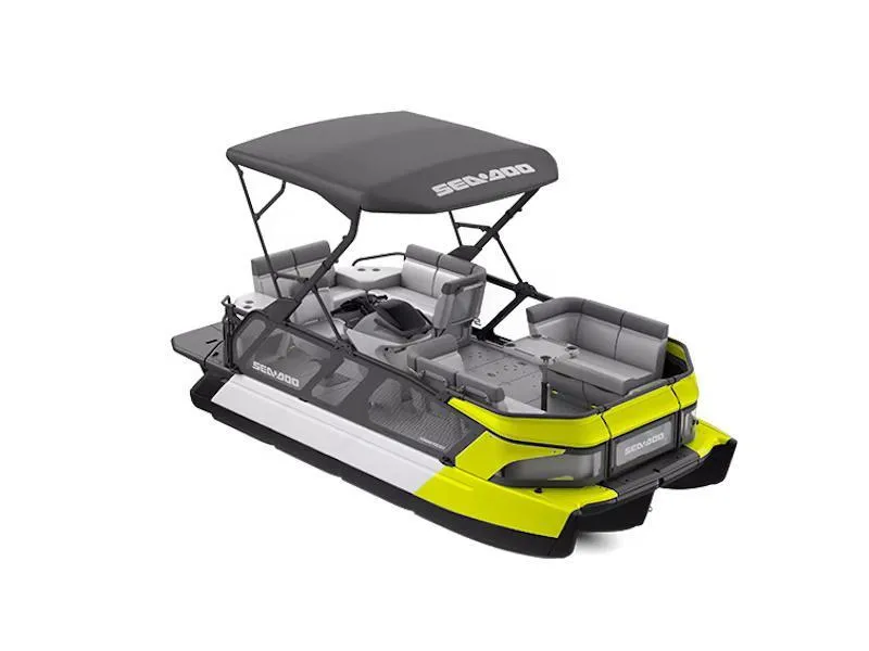 Slide: The Image of 2025 Sea-Doo Switch Cruise 18 pontoon boat with canopy, gray and yellow design. - 0