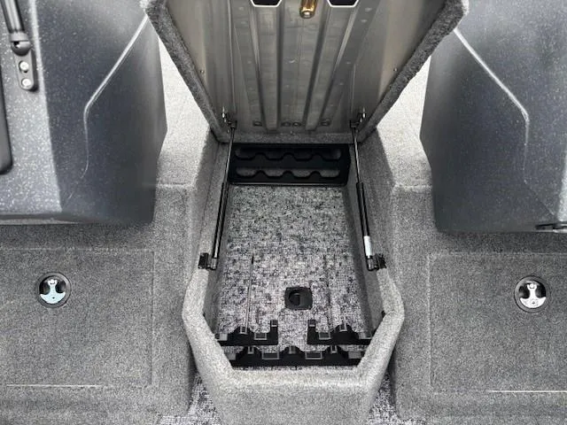 Slide: The Image of 2025 Tracker Pro Guide V-175 WT boat storage compartment, open with carpeted interior and hydraulic supports. - 14