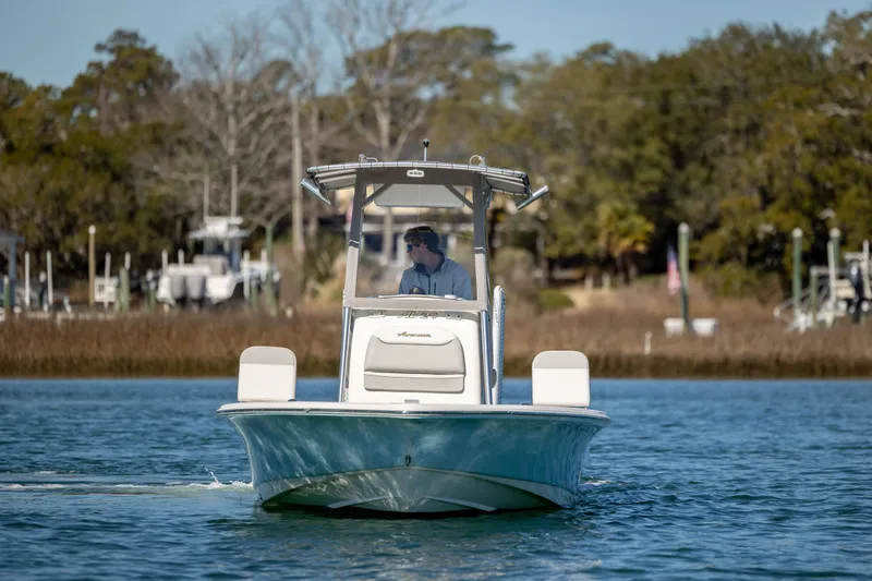Slide: The Image of 2017 Avenger AV24 boat cruising on a calm lake with trees in the background. - 4