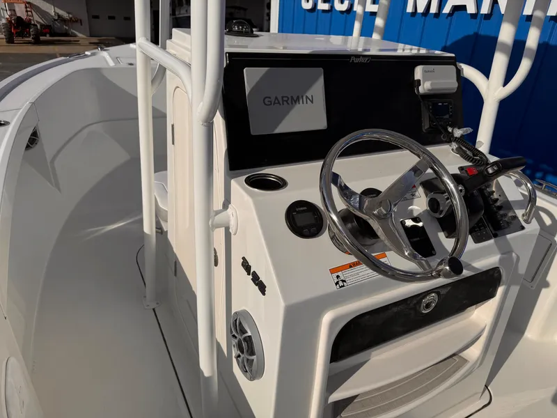 Slide: The Image of 2025 Parker 21 Special Edition boat console with Garmin navigation system. - 23