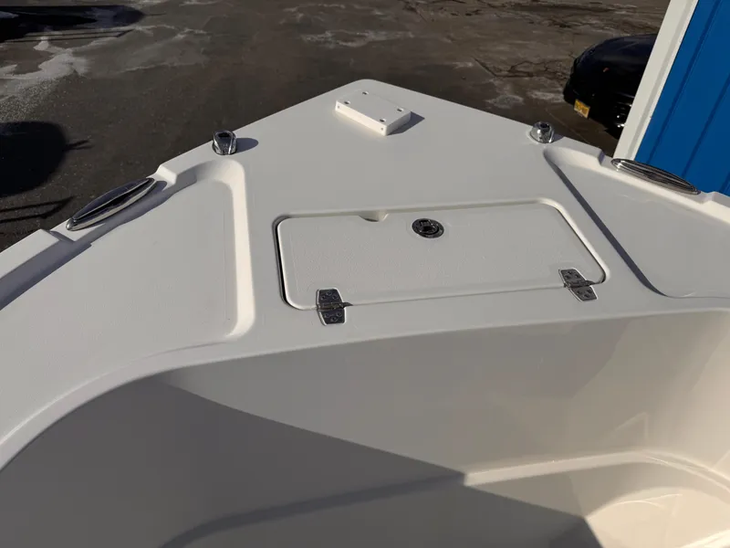 Slide: The Image of Bow of Parker 21 Special Edition boat, 2025 model, featuring storage compartment and cleats. - 5