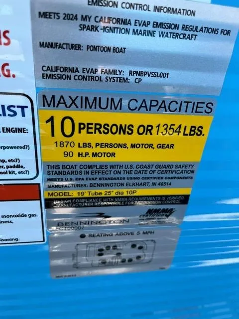 Slide: The Image of 2025 Bennington 20L Cruise capacity label: 10 persons or 1354 lbs, 90 HP motor. - 11