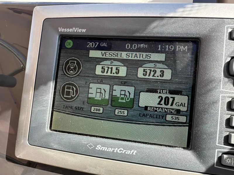 Slide: The Image of SmartCraft VesselView display on 2013 Tiara Yachts 3900 Open, showing fuel status and vessel metrics. - 18