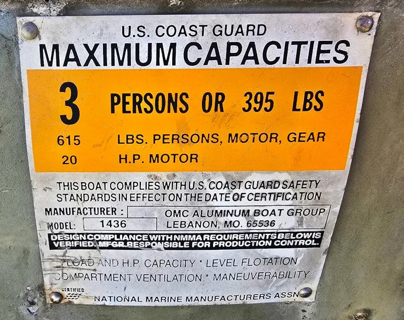 Slide: The Image of U.S. Coast Guard capacity label for 1996 Sea Nymph Sport 1436 Jon boat. - 3